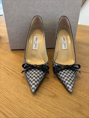 Jimmy Choo Black and Gray Houndstooth Pointed-Toe Pumps with Patent Bow